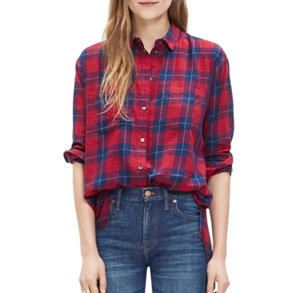 Madewell Red & Blue Oversized Boyshirt in Edina Plaid Cabincore Women's XS - Picture 7 of 9